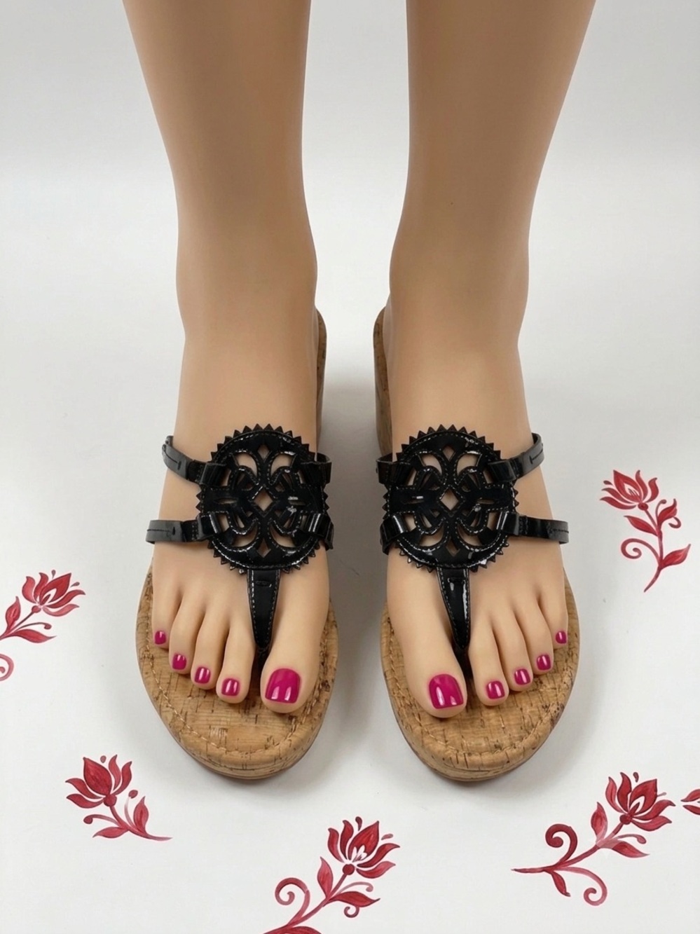 Rocky Black Thong Sandals with Ornate Medallion